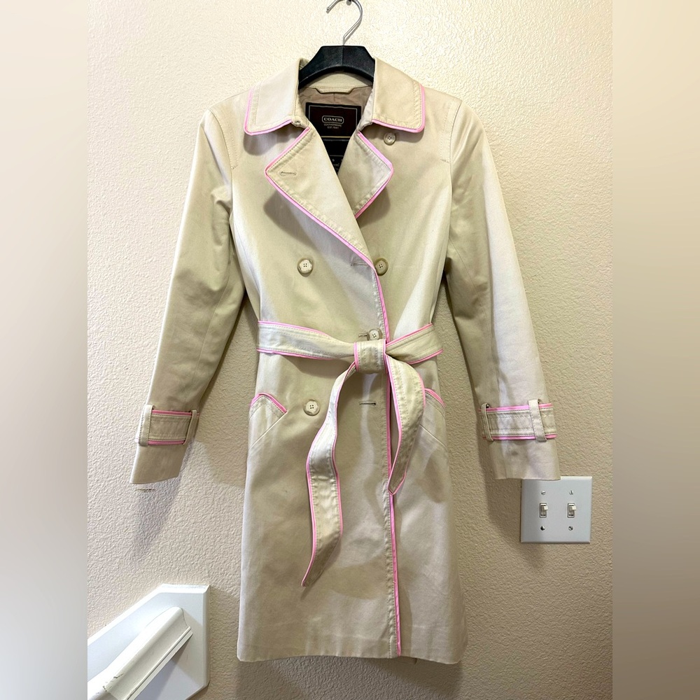 Womens COACH Beige Pink Trim Classic Double Breasted Trench Coat Size S